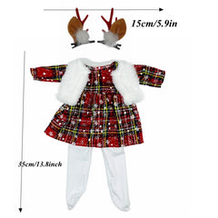 Christmas Dress Vest Red Lattice Dress And Leggings Christmas Deer Horn Hairpin