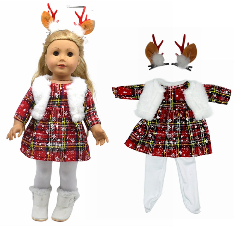 Christmas Dress Vest Red Lattice Dress And Leggings Christmas Deer Horn Hairpin