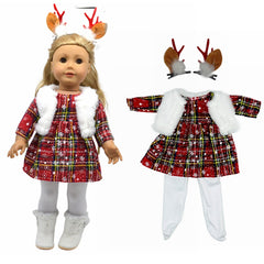 Christmas Dress Vest Red Lattice Dress And Leggings Christmas Deer Horn Hairpin