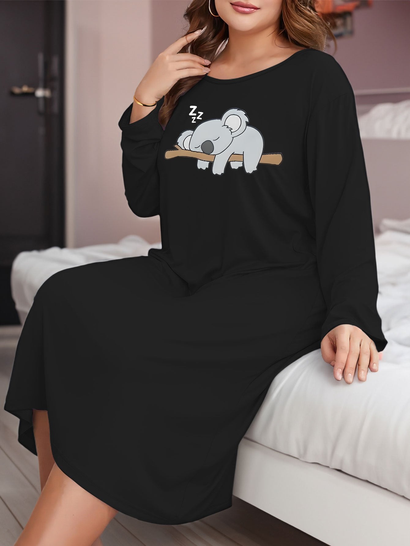  Sloth Print Long Sleeve Lounge Dress
