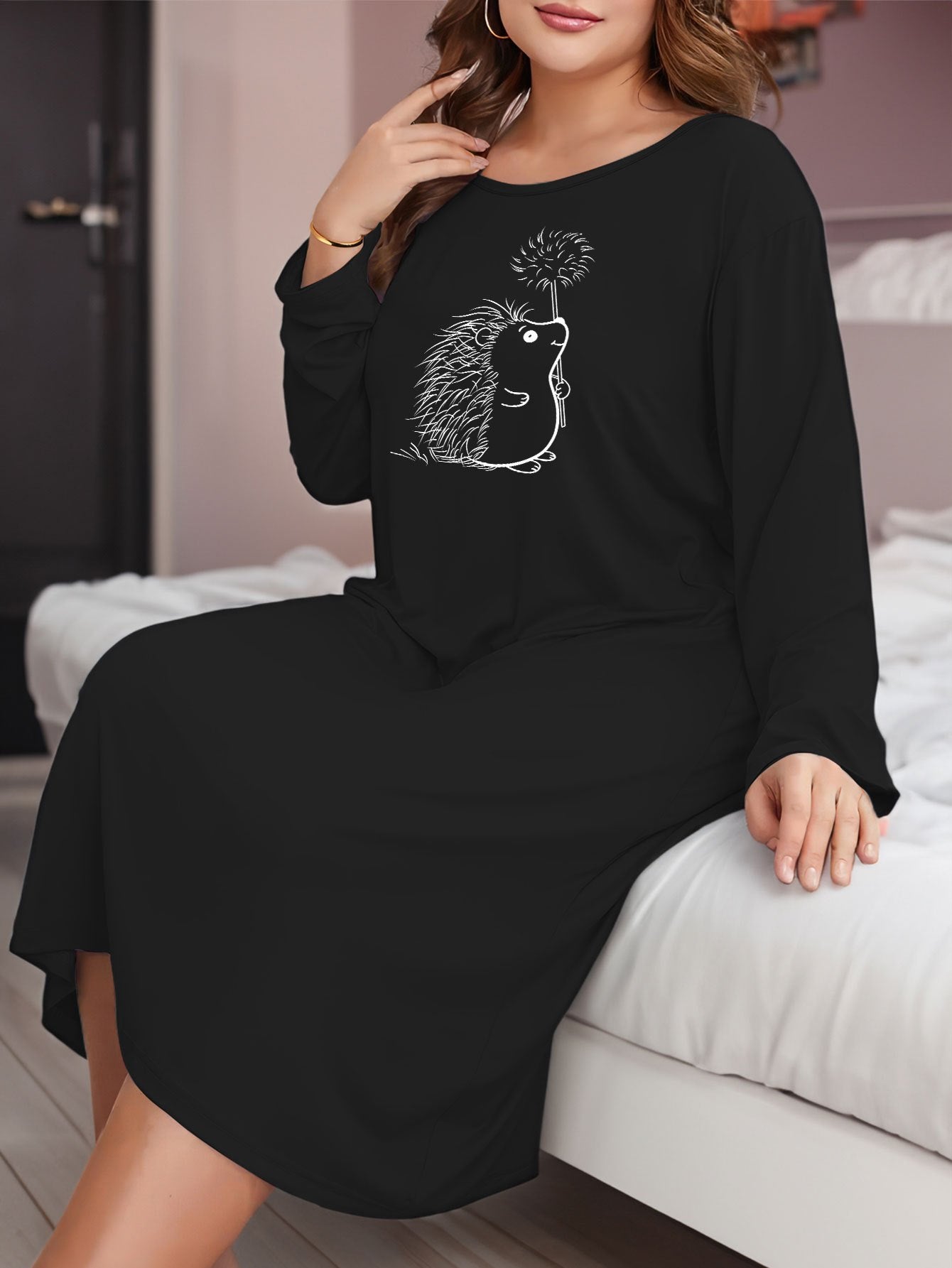  Hedgehog & Dandelion Print Lounge Dress Long Sleeve Round Neck Tee