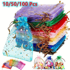 50pcs Mixed Moon Star Organza Bags Jewelry Gift Bags Wedding Party Cookie Bags