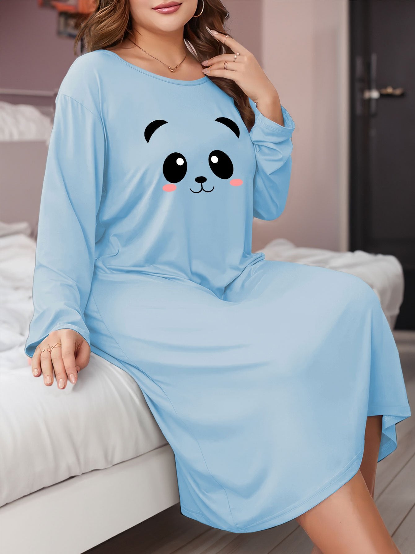  Panda Print Long Sleeve Round Neck Stretch Tee Sleep Dress