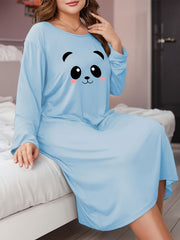  Panda Print Long Sleeve Round Neck Stretch Tee Sleep Dress