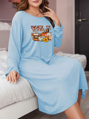  Casual Graphic Print Long Sleeve Sleep Dress