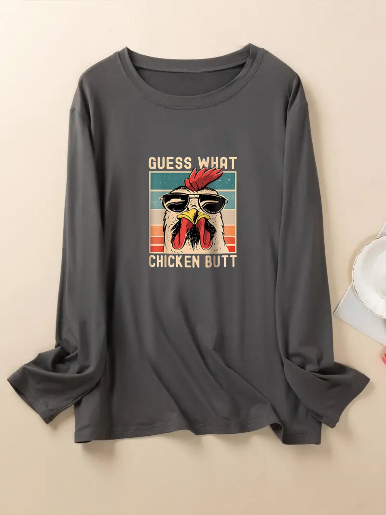  Cartoon Rooster & Letter Print Long Sleeve Pajama Top