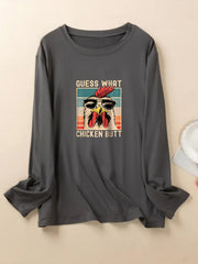  Cartoon Rooster & Letter Print Long Sleeve Pajama Top