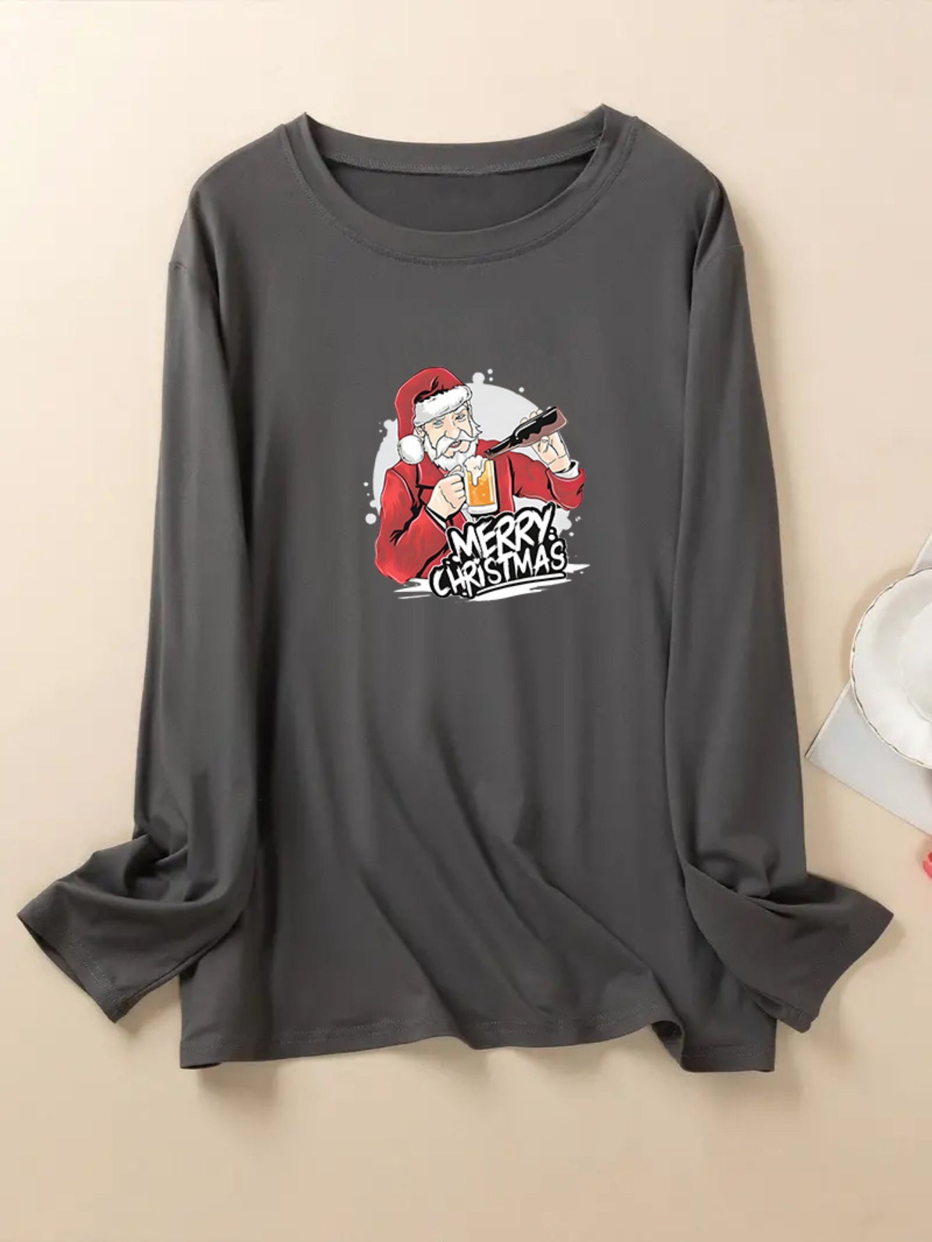  Christmas Santa Beer Print Long Sleeve Pajama Top
