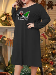  Cat & Tree Print Long Sleeve Round Neck Tee Sleep Dress