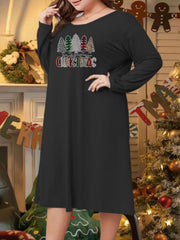  Plaid Christmas Tree & Letter Print Long Sleeve Round Neck Sleep Dress