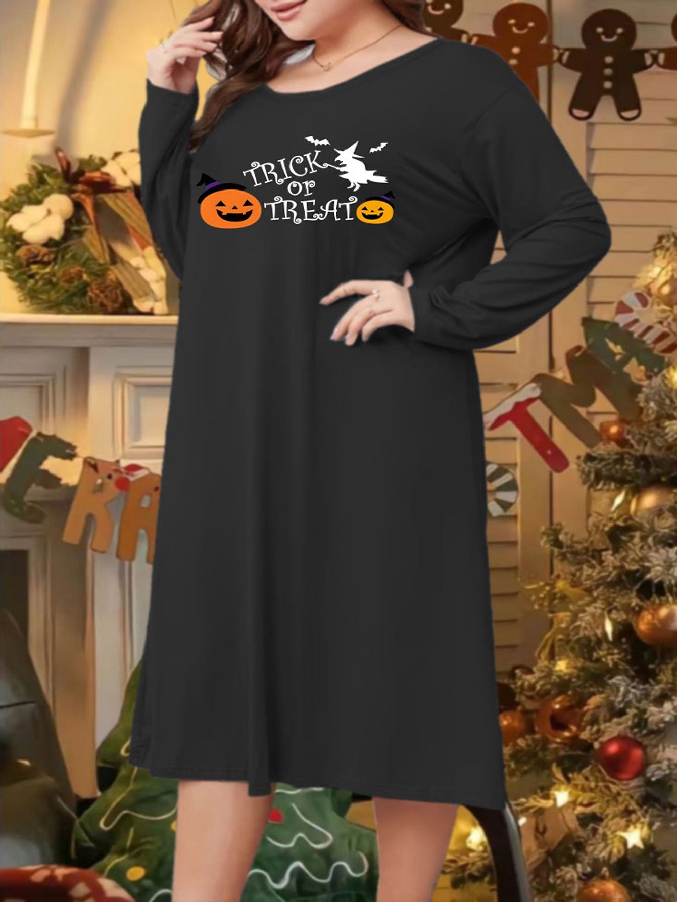  Halloween Lounge Dress Women's Plus Cartoon Witch & Funny Pumpkin