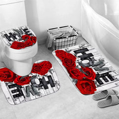 4pcs Red Rose Bathroom Set Waterproof Curtain With 12 Hooks