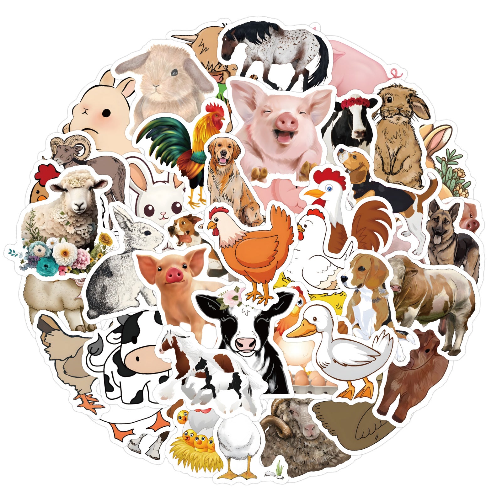60pcs Farm Animal Vinyl Waterproof Stickers Water Bottle Laptop Phone Luggage