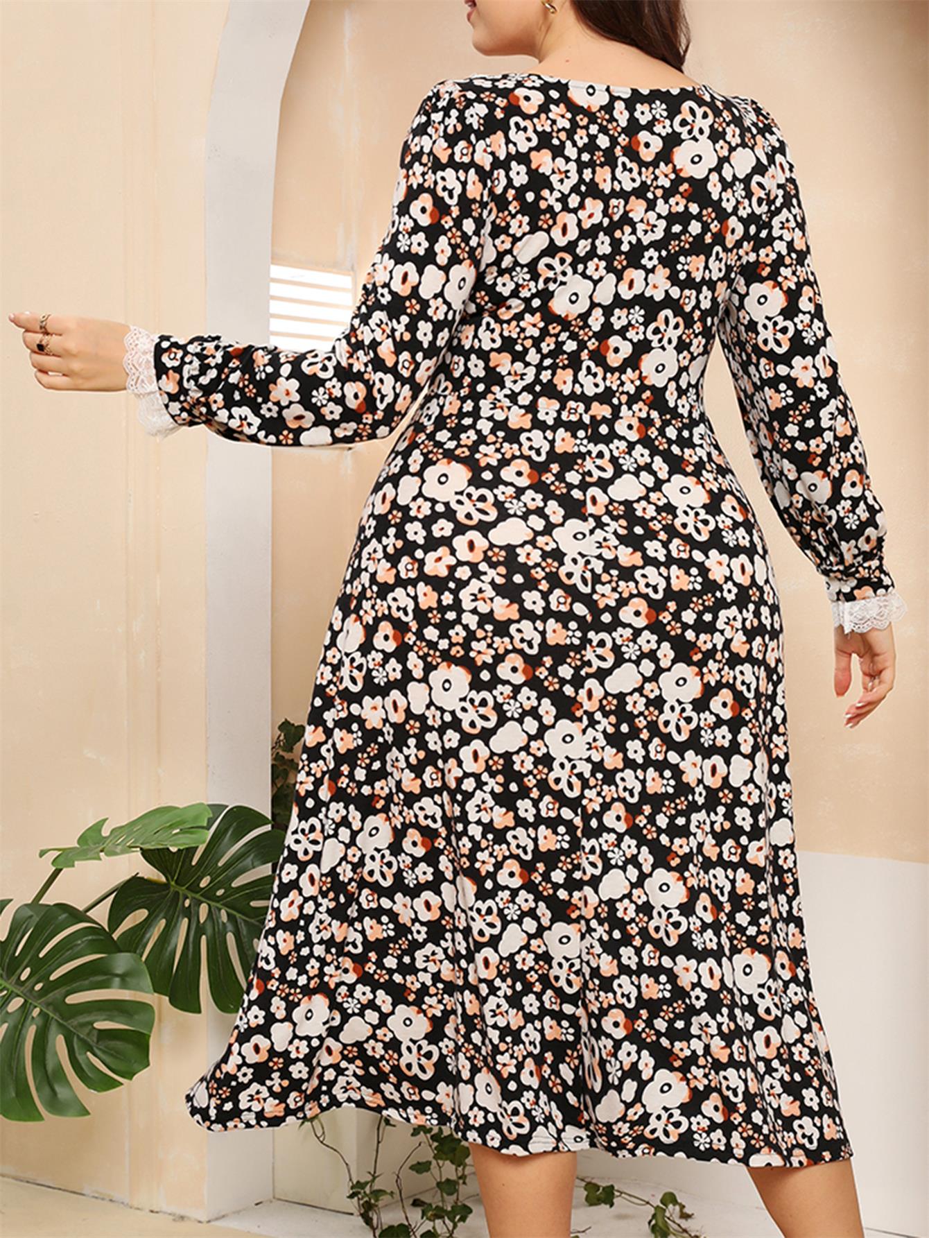  Women's Ditsy Floral Print Lace Trim Midi Dress