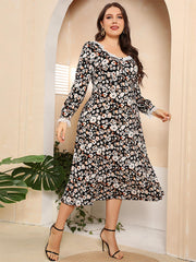  Women's Ditsy Floral Print Lace Trim Midi Dress