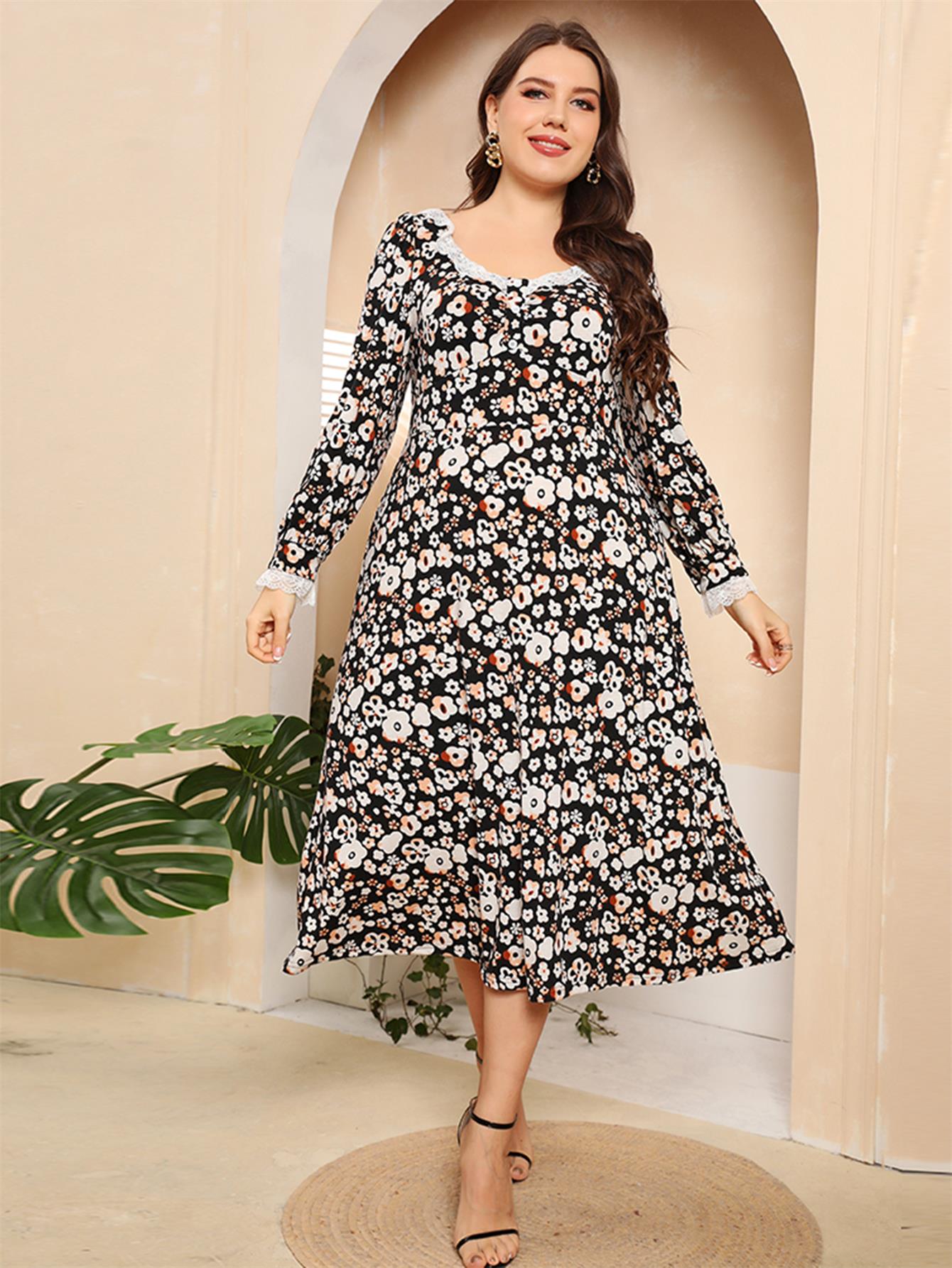  Women's Ditsy Floral Print Lace Trim Midi Dress