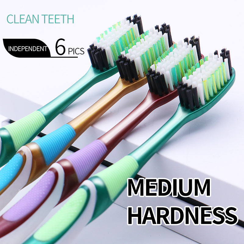 6pcs Medium Hard Hair Toothbrush 6 Independent Packs Big Head Adult Family Pack