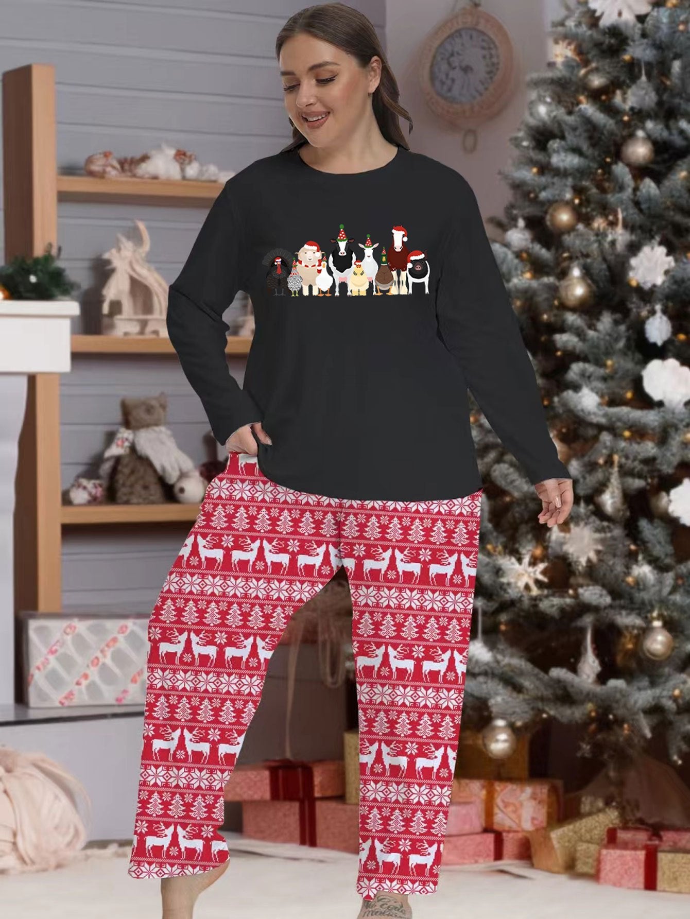  Christmas Pajamas Set Women's Animal Print Top & Striped Pants