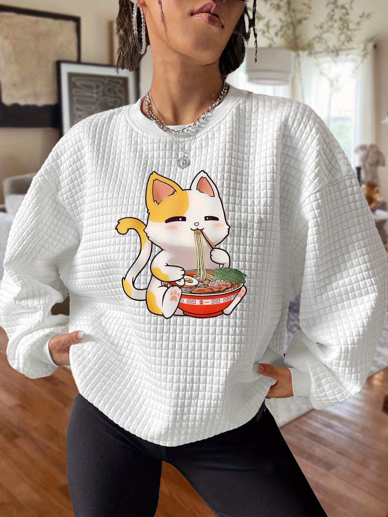 Kitty Print Waffle Lounge Top Crew Neck Long Sleeve Women's Pajama Top