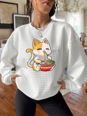 Kitty Print Waffle Lounge Top Crew Neck Long Sleeve Women's Pajama Top