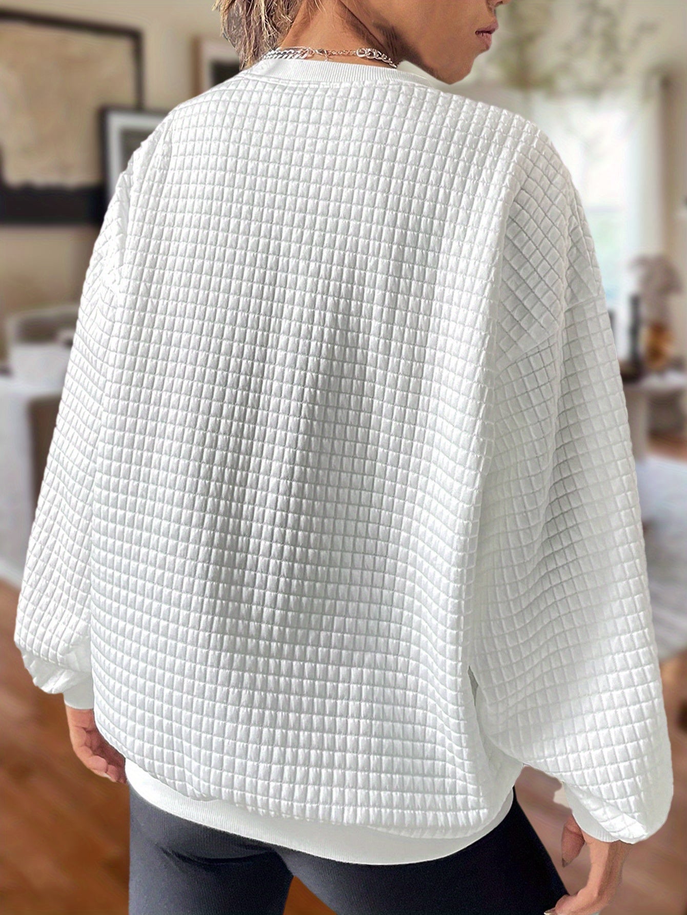 Kitty Print Waffle Lounge Top Crew Neck Long Sleeve Women's Pajama Top