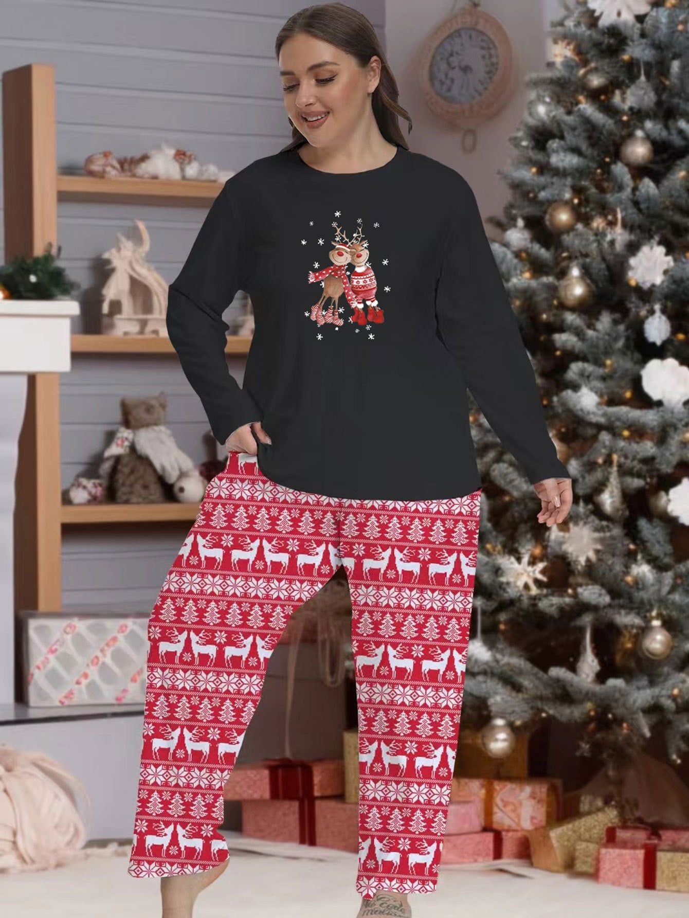  Christmas Pajamas Set Women's Plus Cartoon Elk & Snowflake