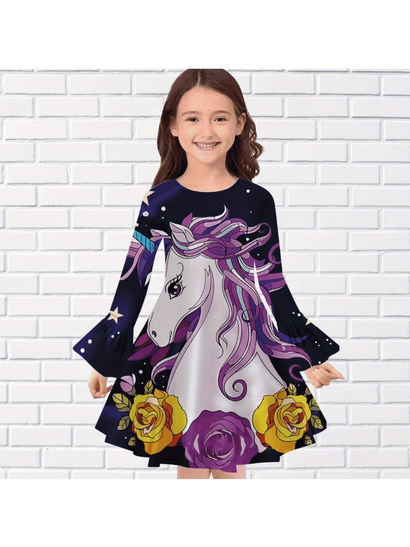 Lovely Unicorn Rainbow Print Long Sleeve Dress for Girls