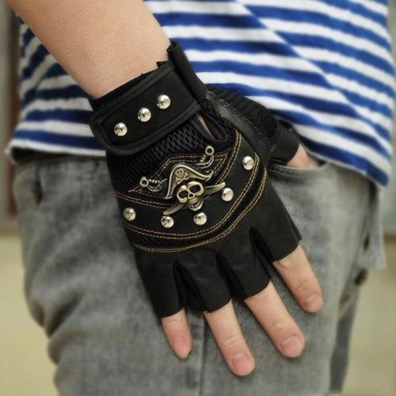 Skull Punk PU Leather Cycling Gloves Fingerless Motorcycle Driving Gloves