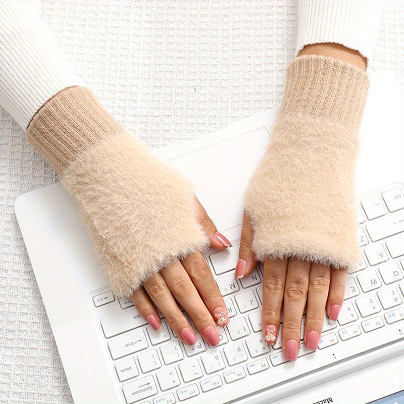 Plush Half Finger Gloves Touch Screen Winter Outdoor Gloves