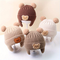 Winter Baby Beanie Cartoon Bear Ear Protection Knitted Hat For Boys & Girls