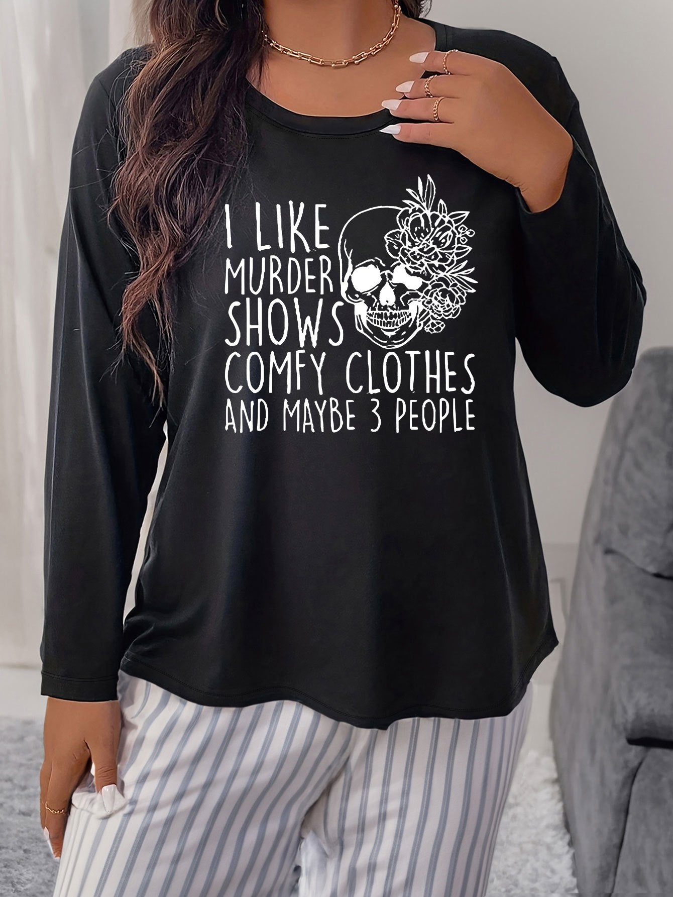  Gothic Loungewear Top Floral Skull Slogan Print Long Sleeve Pajama Tee