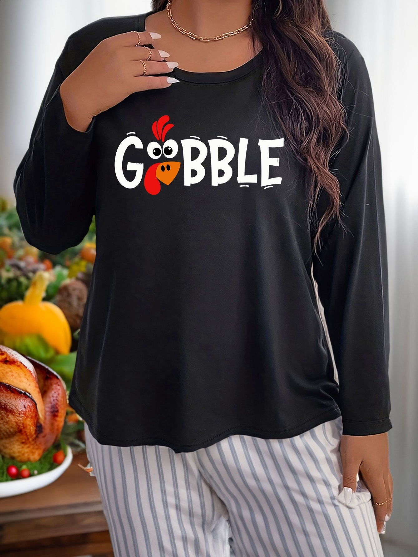  Turkey Graphic Long Sleeve Casual Sleepwear Top