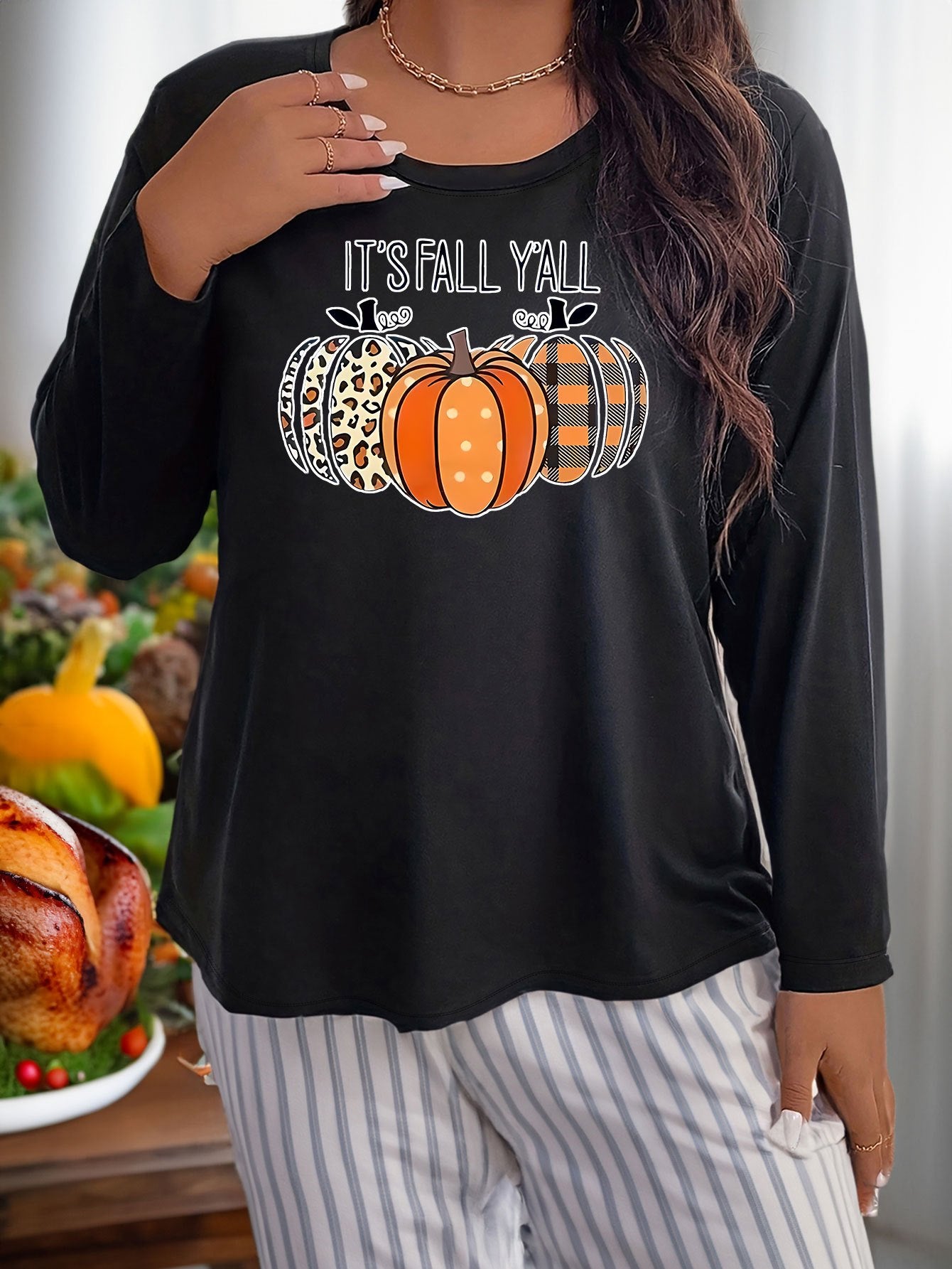  Pumpkin Graphic Long Sleeve Casual Sleepwear Top