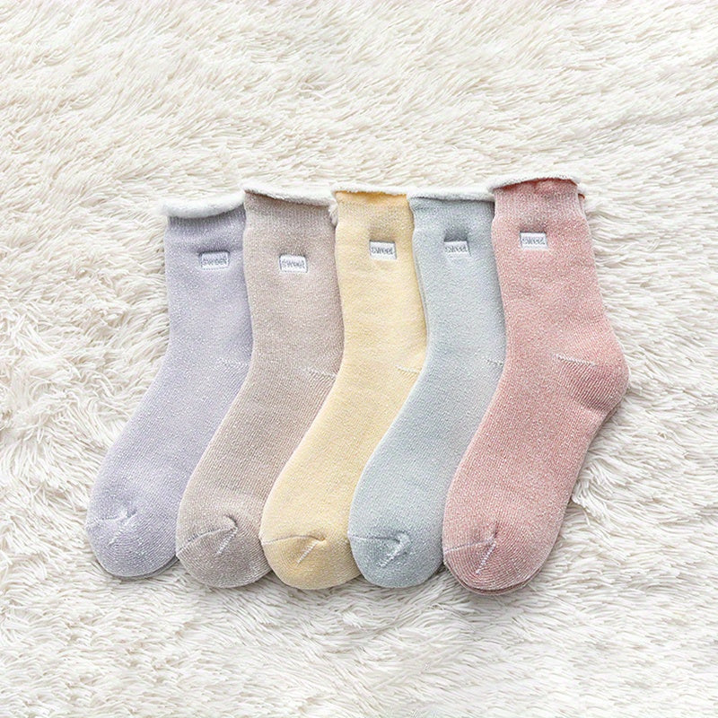 5 Pairs Plush Lined Socks Comfy & Warm Women's Mid Tube Stockings