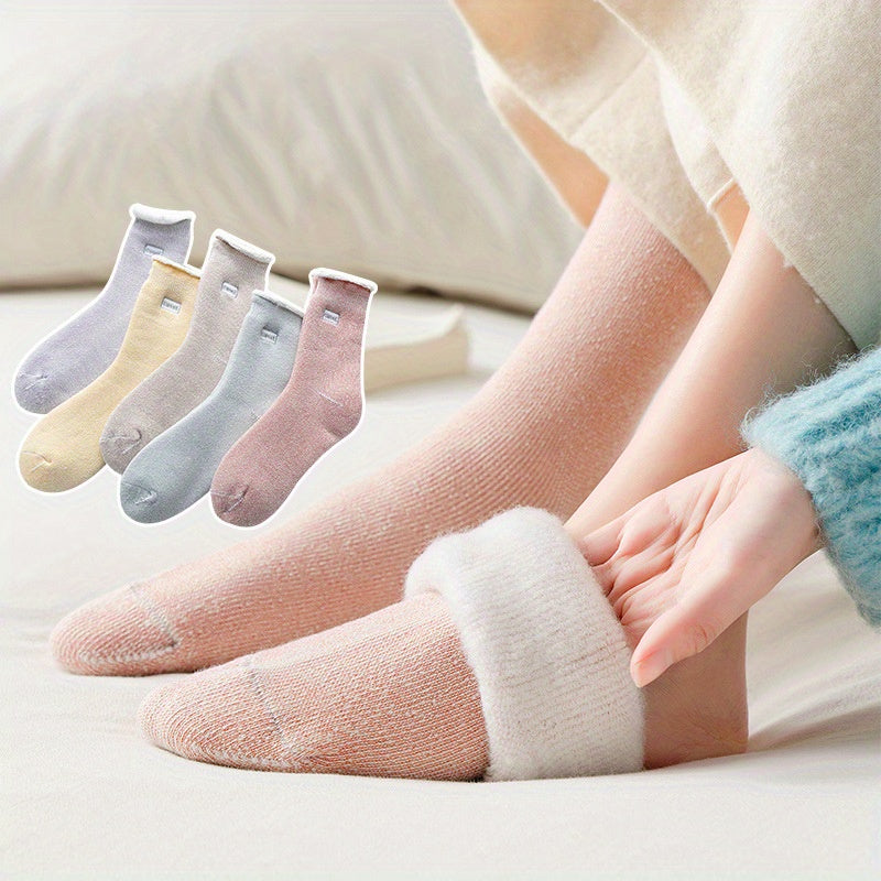 5 Pairs Plush Lined Socks Comfy & Warm Women's Mid Tube Stockings