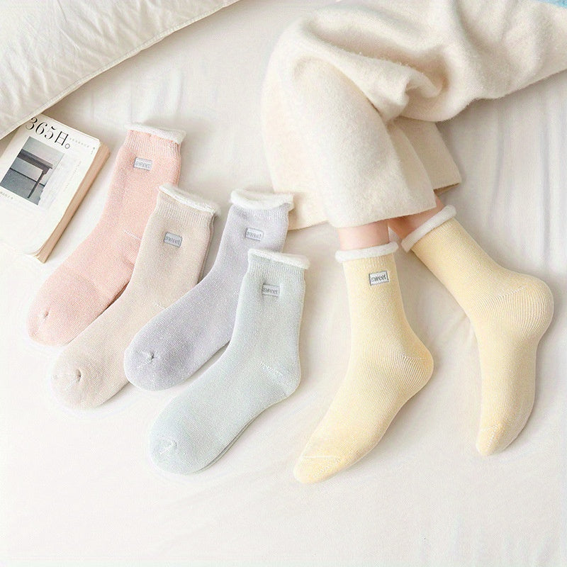 5 Pairs Plush Lined Socks Comfy & Warm Women's Mid Tube Stockings