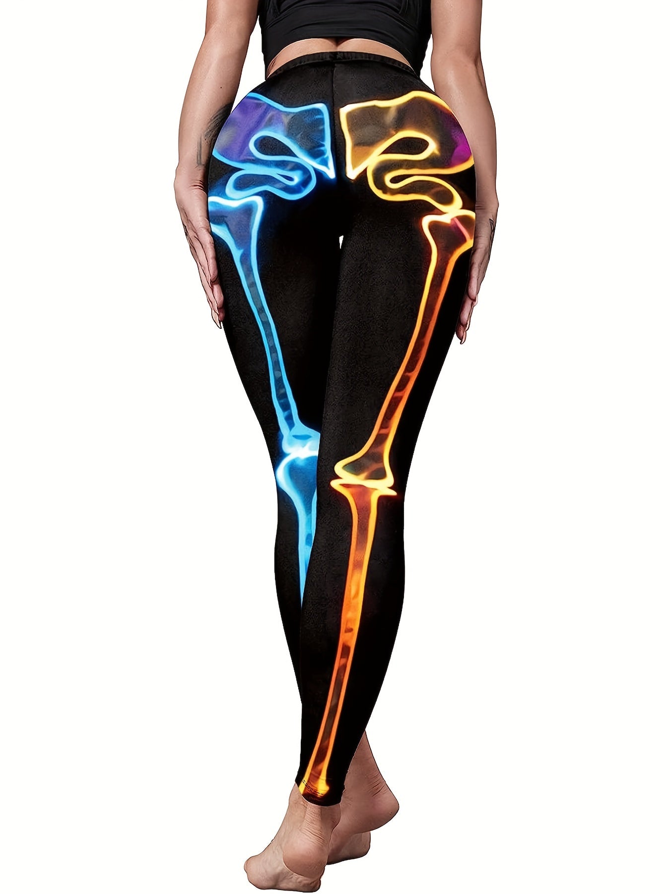  Skeleton Print High Rise Tummy Control Leggings