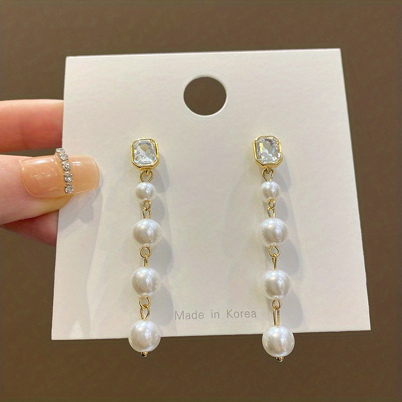 Zircon Faux Pearl Decor Chain Long Dangle Earrings Wedding Jewelry