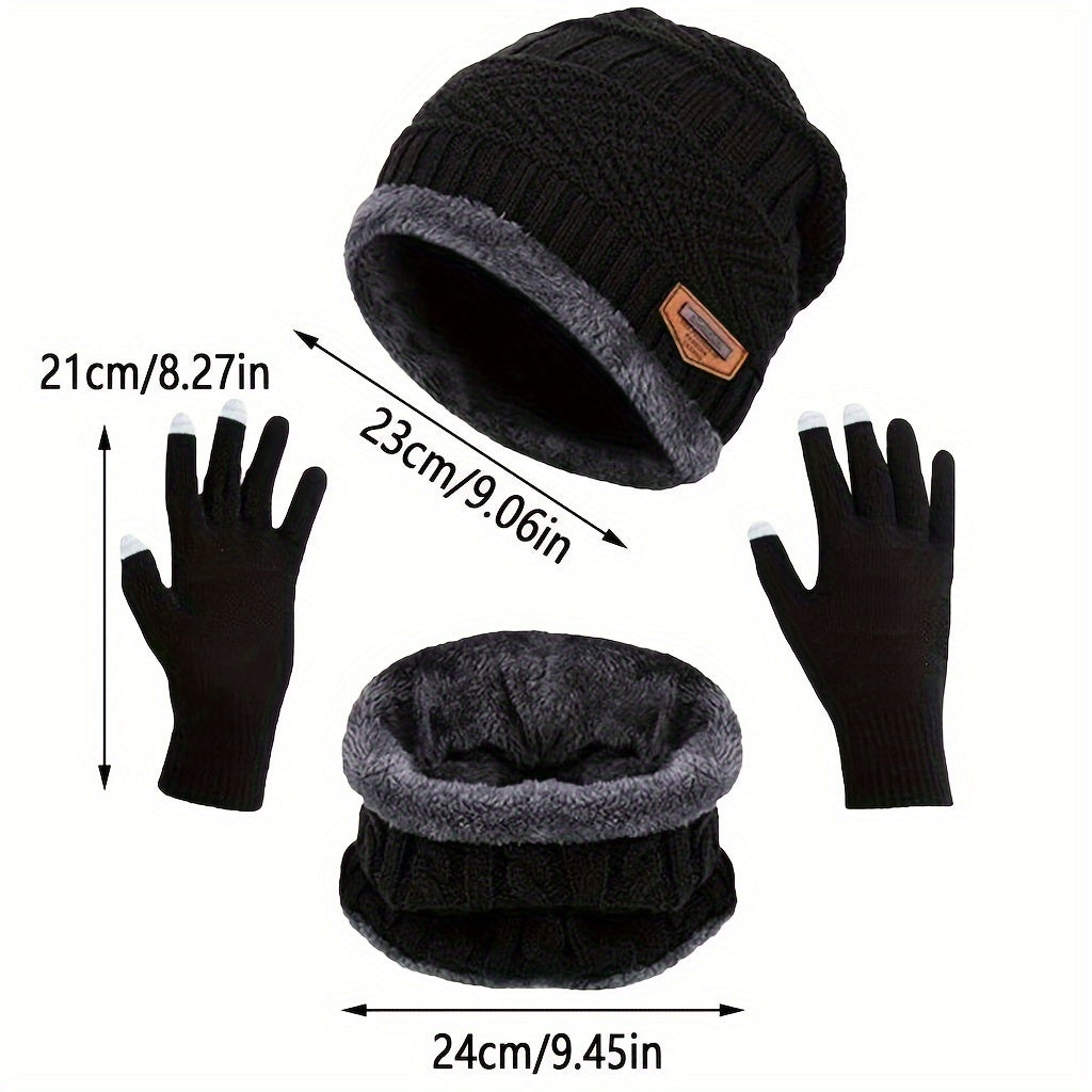 Winter Knit Hat Scarf Gloves Set Fleece Lining Warm Beanie Touch Screen Gloves