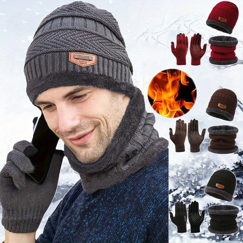 Winter Knit Hat Scarf Gloves Set Fleece Lining Warm Beanie Touch Screen Gloves