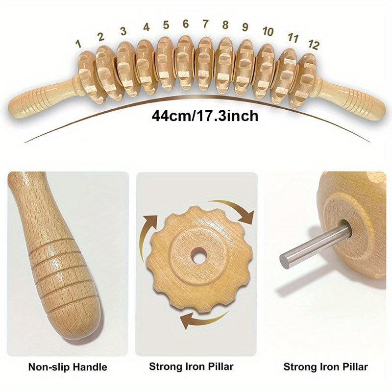 12 Wheels Body Fascia Massager Non Slip Wooden Yoga Massage Roller