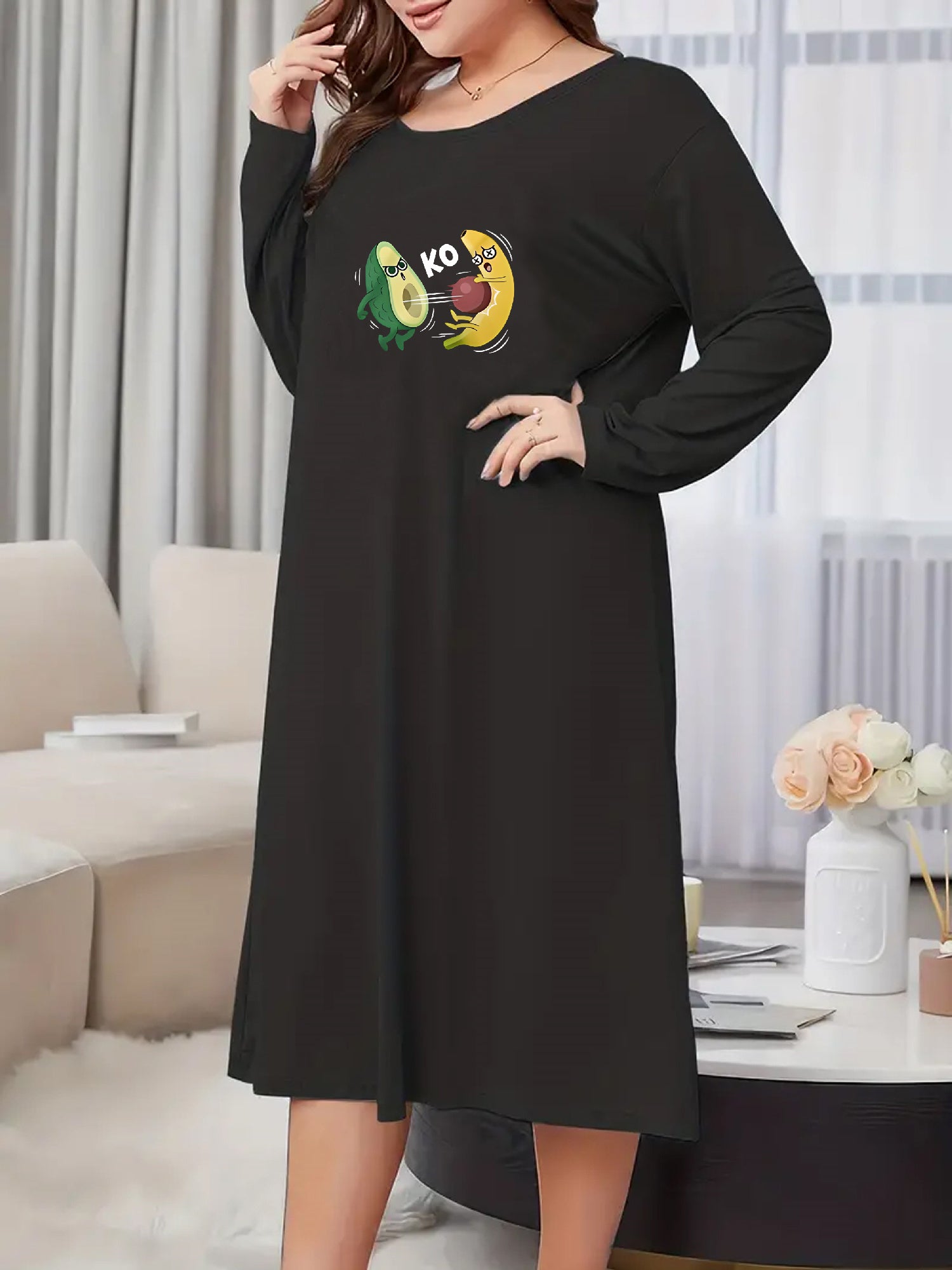  Avocado & Banana Print Long Sleeve Nightdress