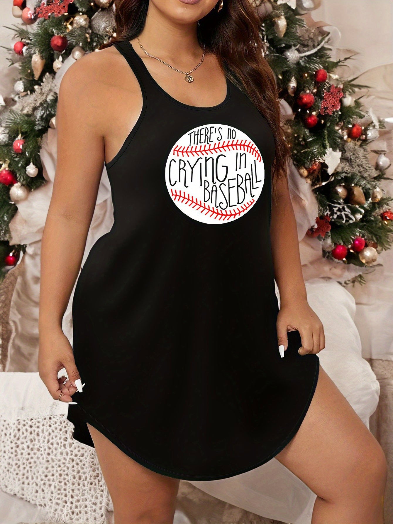  Baseball Print Racer Back Tank Sleep Dress