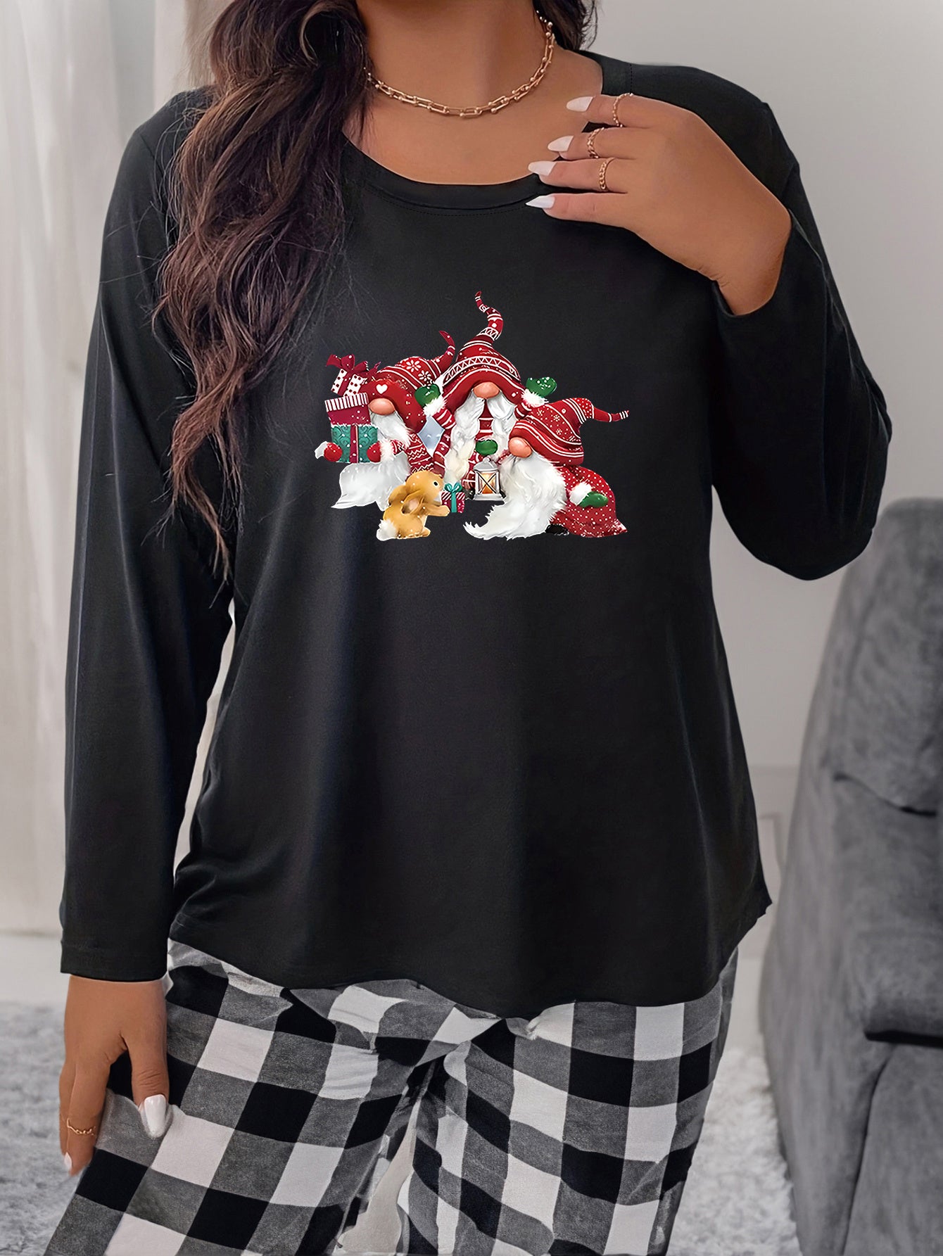  Christmas Gnomes & Rabbit Print Long Sleeve Round Neck Tee