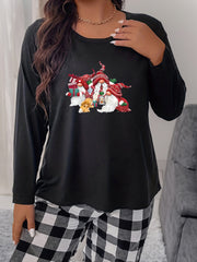 Christmas Gnomes & Rabbit Print Long Sleeve Round Neck Tee