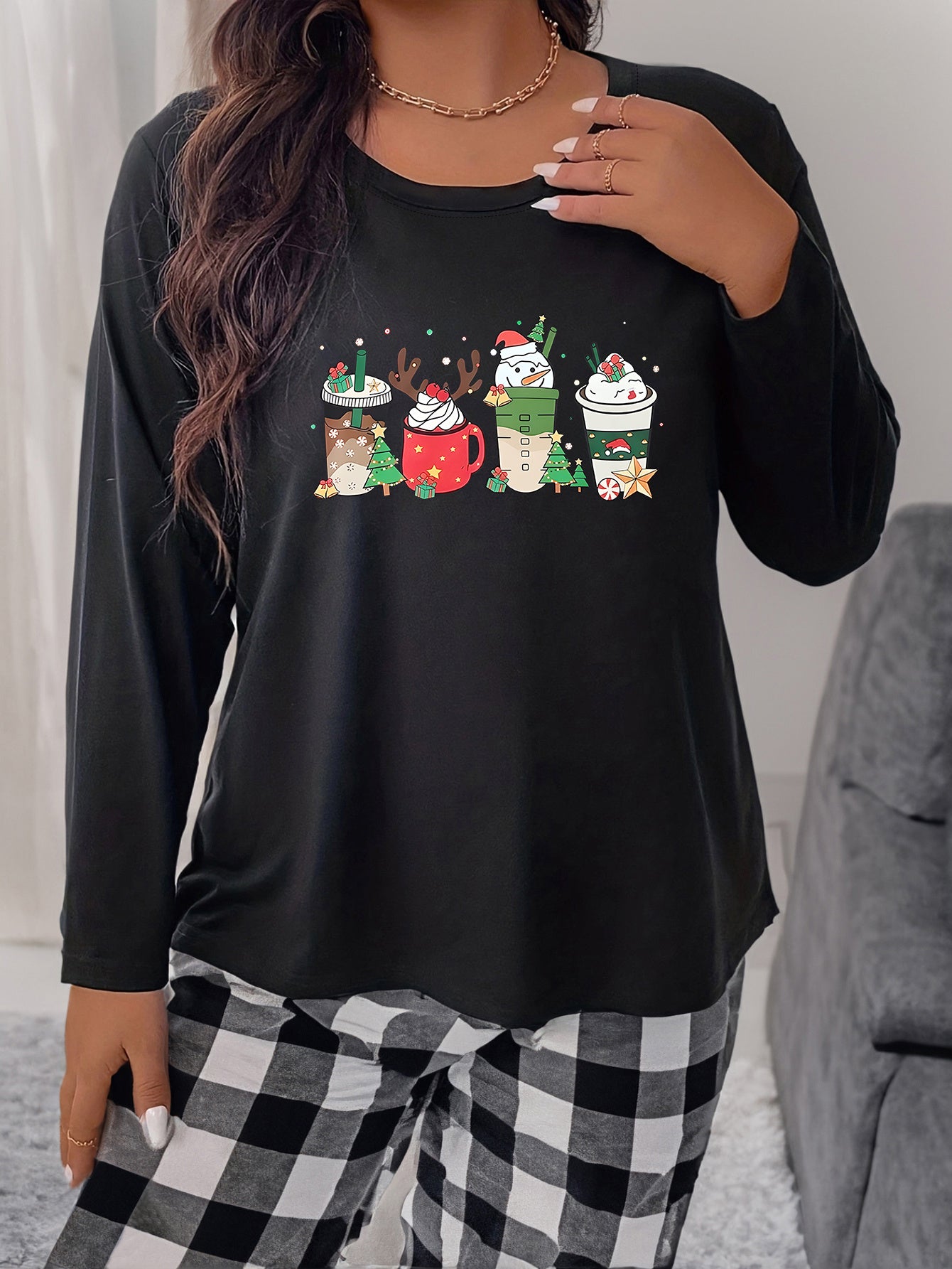  Snowman Drinks Print Long Sleeve Round Neck Stretch Tee