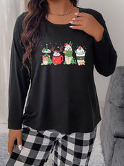 Snowman Drinks Print Long Sleeve Round Neck Stretch Tee