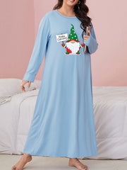  Polka Dot Gnome Print Nightdress Long Sleeve Round Neck Loose Fit Slee