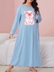 Nightdress Pig Print Long Sleeve Round Neck Stretch Sleep Dress