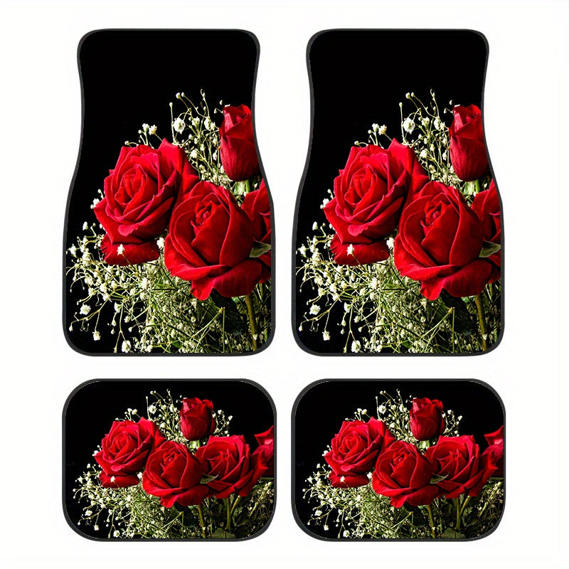 4pcs Rose Flowers Pattern Car Seat Covers Front Rear Seat Mat Car Accessories